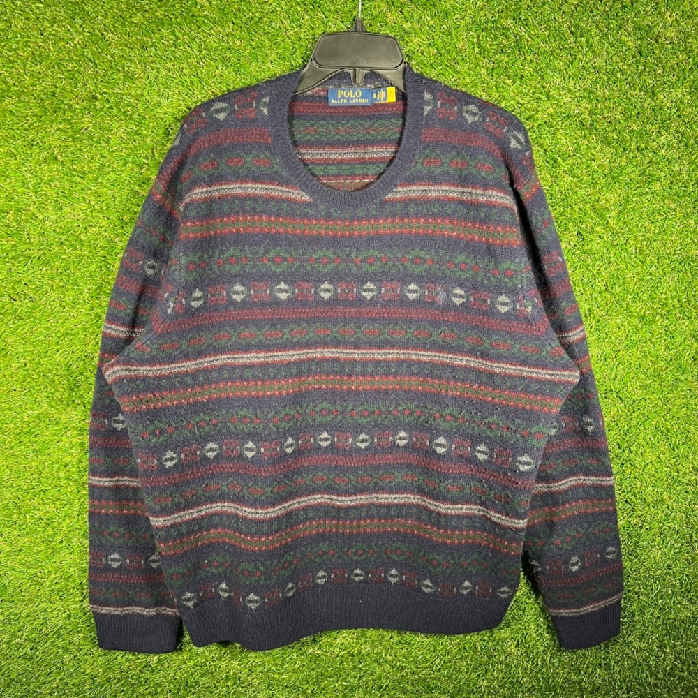 Polo Ralph Lauren XL Mens Fair‎ Isle Crewneck Sweater Navy Blue Burgundy